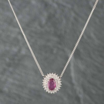 Pre-Owned Platinum 1.78ct Ruby & 0.39ct Brilliant Cut Diamond Oval Cluster Pendant & 16 Inch Curb Chain 431415712