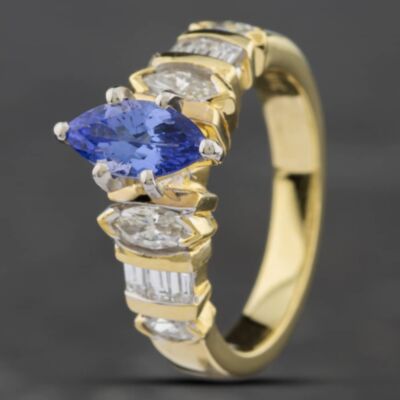Pre-Owned 14ct Yellow Gold 0.086ct Marquise Cut Tanzanite & Diamond Dress Ring 43411008