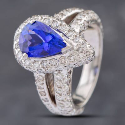 Pre-Owned 14ct White Gold 1.86T Pear Cut Tanzanite & Brilliant Cut Diamond Cluster Ring 43411019