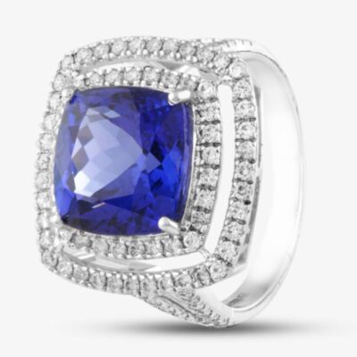 Pre-Owned 18ct White Gold 6.45ct Tanzanite & 0.80ct Brilliant Cut Diamond Cushion Shape Cluster Ring 4341155230
