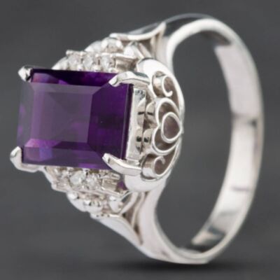 Pre-Owned Platinum Amethyst & Brilliant Cut Diamond Rectangle Cut Dress Ring 4342019