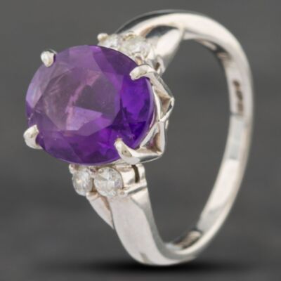 Pre-Owned Platinum Certificated Amethyst & 0.20ct Brilliant Cut Diamond Oval Dress Ring 43421005