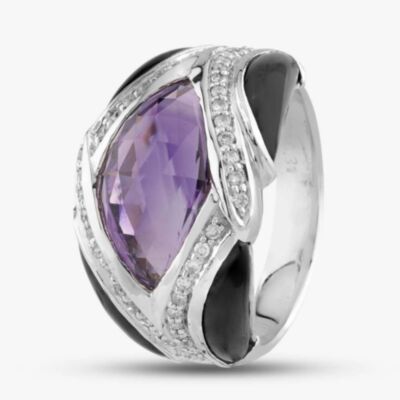 Pre-Owned 18ct White Gold Amethyst & 0.31ct Brilliant Cut Diamond & Onyx Dress Ring 434215641