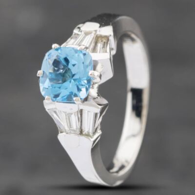 Pre-Owned 14ct White Gold Blue Topaz & Baguette Cut Diamond Dress Ring 43451011