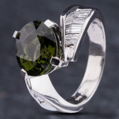 Pre-Owned Platinum 3.00ct Green Tourmaline & 0.64ct Baguette Cut Diamond Cross Over Ring 4346002