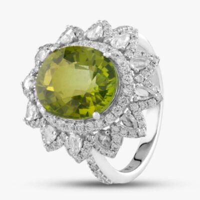 Pre-Owned 18ct White Gold Green Tourmaline & Diamond Large Oval Cluster Ring 434615640