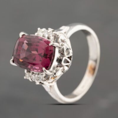 Pre-Owned Platinum 5.30ct Rhodolite Garnet & 0.10ct Brilliant Cut Diamond Cushion Shape Dress Ring 43471006