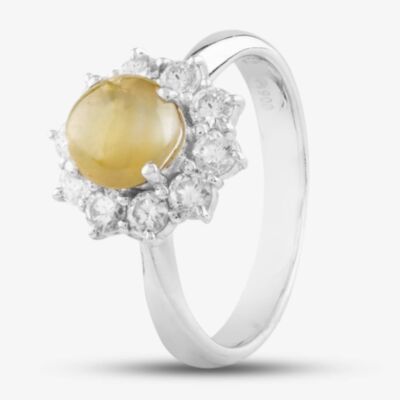 Pre-Owned Platinum 1.64ct Chrysoberyl Cats Eye & 0.62ct Brilliant Cut Diamond Round Cluster Ring 435115776