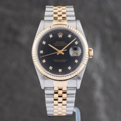 Pre-Owned Rolex Mens Datejust Black Dial Two Colour Bracelet Watch 16233
