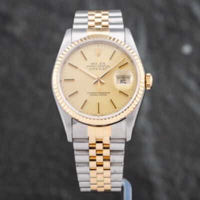 Pre-Owned Rolex Mens Datejust Gold Dial Silver Bracelet Watch 16233