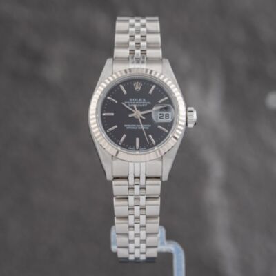 Pre-Owned Rolex Ladies Datejust Black Dial Silver Bracelet Watch 79174