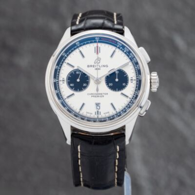 Pre-Owned Breitling Mens Premier B01 White Leather Strap Watch AB0118221G1P1