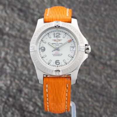 Pre-Owned Breitling Ladies Colt White Dial Orange Leather Strap Watch A74389