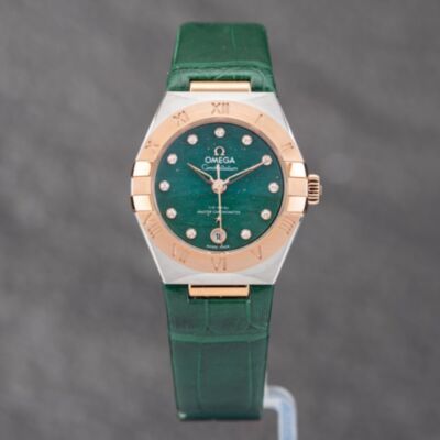 Pre-Owned OMEGA Ladies Constellation Diamond Green Leather Strap Watch 131.23.29.20.99.001