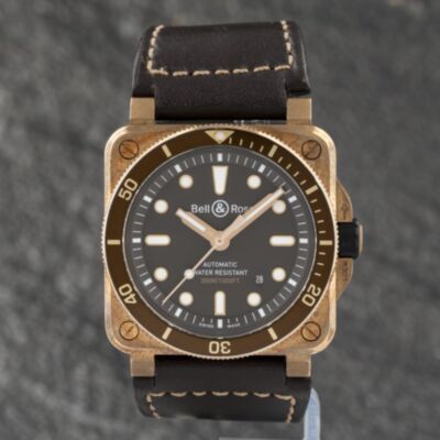 Pre-Owned Bell & Ross Mens Limited Edition Diver Bronze Brown Leather Strap Watch BR 03-92