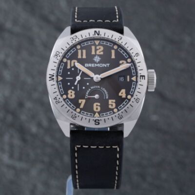 Pre-Owned Bremont Mens Terra Nova Turning Bezel Power Reserve Black Leather Strap Watch TN40-PWR-SS-BK-L-S