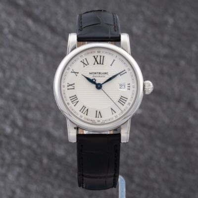 Pre-Owned Montblanc Mens Star Silver Dial Leather Strap Watch 107114