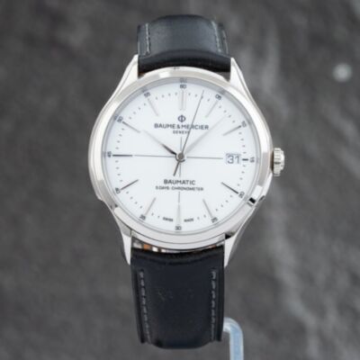 Pre-Owned Baume & Mercier Mens Clifton White Dial Leather Strap Watch 10569