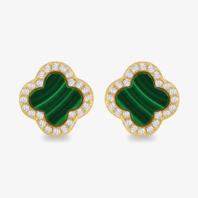 LUXE Silver Gold Plated Malachite & Cubic Zirconia Clover Stud Earrings 8.59.1902