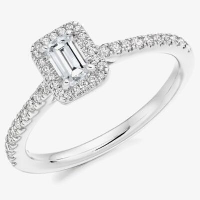 Platinum Halo Cluster Emerald-Cut Diamond Engagement Ring (L) ENG4043