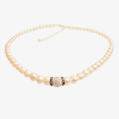 T H Baker Silver White Simulated Pearl Cubic Zirconia Ball Necklace N-1127-1