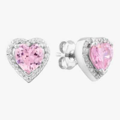 Silver Heart-cut Pink Cubic Zirconia Halo Stud Earrings THB-03E PINK