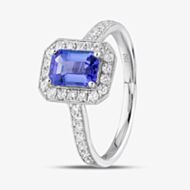 18ct White Gold Emerald Cut Tanzanite & Brilliant Cut Diamond Shoulder Set Halo Ring R46554-TZ