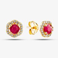  9ct Yellow Gold Ruby & Diamond Halo Stud Earrings OJE1701-R