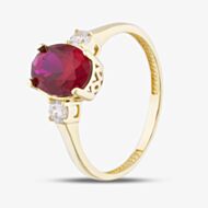 Gold Impression 9ct Yellow Gold Oval Cut Red Cubic Zirconia Three Stone Ring RBE045R