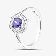 Silver Sparkle Rhodium Plated Sterling Silver Purple & White Cubic Zirconia Hexagon Halo Ring 8.84.0991