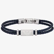 Emporio Armani Essentials Stainless-Steel and Blue Leather Two Row Logo ID Bracelet EGS2995040