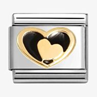 Nomination CLASSIC Stainless Steel 18ct Yellow Gold Black Double Heart Charm 030283/26