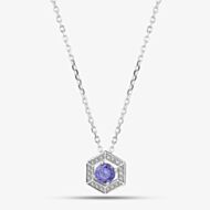 Silver Rhodium Plated Purple Cubic Zirconia Hexagon Halo Pendant Necklace 8.19.2034