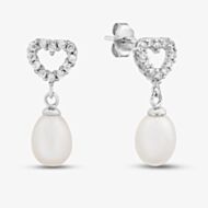 Sterling Silver Cubic Zirconia Heart Pearl Drop Earrings EOW70139FW