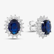 Silver Oval Blue Cubic Zirconia Cluster Stud Earrings P8150E BLUE