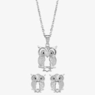 Silver Cubic Zirconia Owl Pendant and Earring Set E615090+P614130