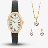 Sekonda Ladies Classic Bellamy Oval Dial Black Leather Strap Watch Earrings + Necklace Gift Set 49079
