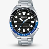 Lorus Mens Sports Black Dial Stainless Steel Bracelet Watch RH921LX9