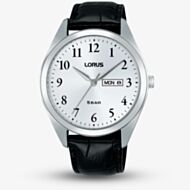 Lorus Mens White Dial Day Date Black Leather Strap Watch RJ673AX9