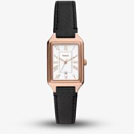 Fossil Ladies Raquel Rose Gold Tone Black Leather Strap Watch ES5310