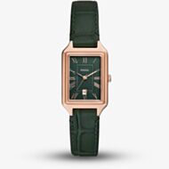 Fossil Ladies Raquel Rose Gold Tone Green Leather Strap Watch ES5366