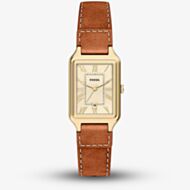 Fossil Ladies Raquel Champagne Rectangle Dial Leather Strap Watch ES5504