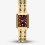 Fossil Ladies Raquel Red Rectangle Dial Golden Bracelet Watch ES5512