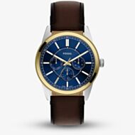 Fossil Mens Pearson Blue Dial Borwn Leather Strap Watch FS6195