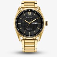 Citizen Mens Eco-Drive Gold Plated Black Dial Watch AW0089-52E