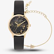 Ted Baker Gold & Black Dial With Constellation Black Leather Strap & Star Bracelet Watch BKGFW23029I