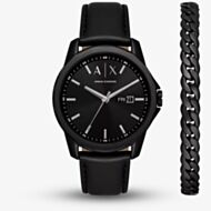 Armani Exchange Mens Banks Black Leather Strap Watch & Chain Bracelet Set AX7147SET