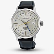 Seiko Mens Presage Silver Bullet Cocktail Time GMT Silver Dial Brown Leather Strap Watch SSK049J1