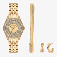 Michael Kors Ladies Harlowe Gold Plated Watch Pave Bangle & Earrings Set MK4974SET