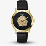 Guess Mens Monarch Gold Tone Lion Black Leather Watch GW0594G1